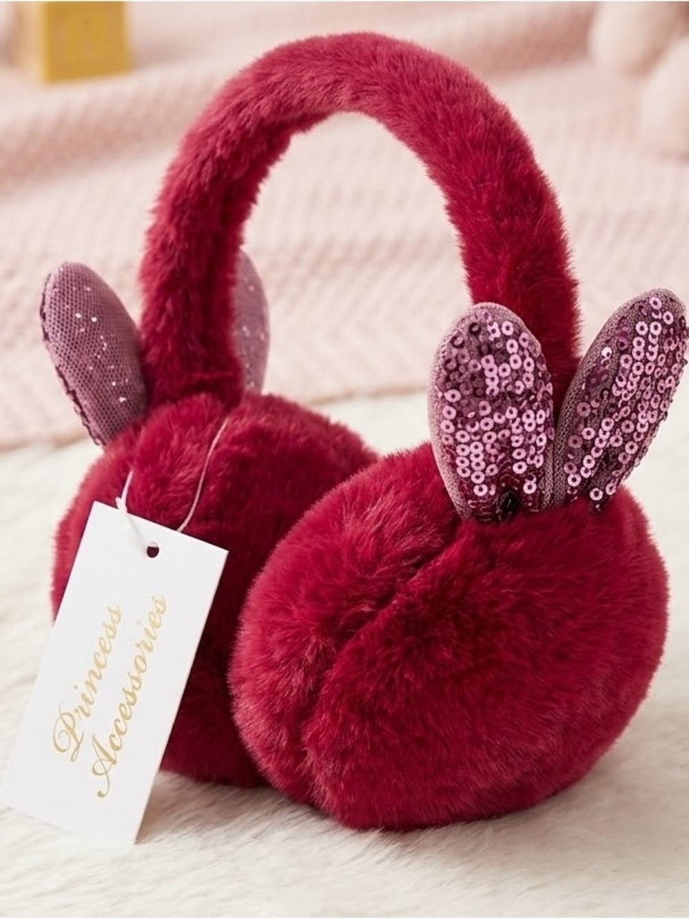 Princess Accessories Burgundy Faux Fur Sequin Bunny Ear Earmuffs NWT Kid & Adult